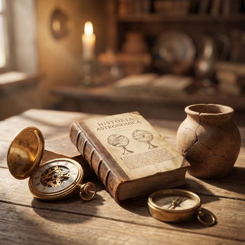 따스한 햇살이 드는 서재 나무 책상 위에 열린 금색 회중시계, 빈티지 나침반, 고서적 'HISTORIA ASTRONOMICA'와 도자기 화분이 조화롭게 놓여 있는 모습.