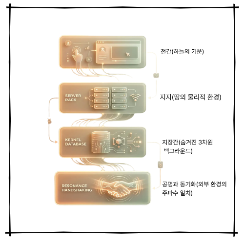 왼쪽에는 천간, 지지, 지장간, 공명 단계의 4가지 레이어가 시스템 아키텍처 형태로 시각화되어 있고, 오른쪽에는 '지금 겉보기엔 멈춰 있는 듯 보여도 당신의 내면 커널 속에서는 다음 부팅을 위한 거대한 컴파일이 돌아가고 있을지 모릅니다.'라는 문구가 포함된 다이어그램 카드 이미지