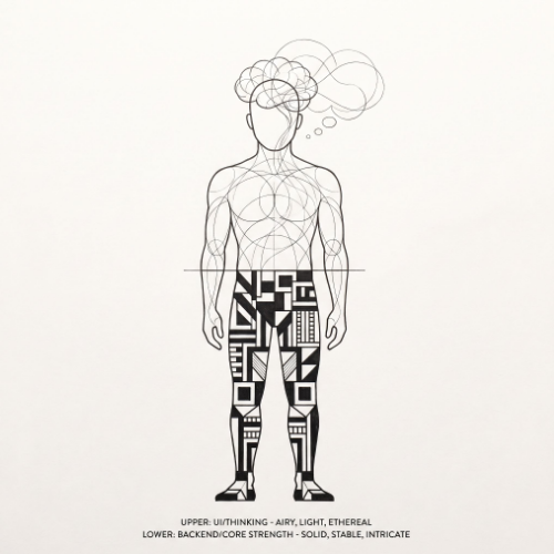 인간 OS의 이중 레이어 구조 일러스트. 상반신은 생각하는 영역인 천간(UI)을 상징하며 가볍고 추상적인 선으로 표현되어 있고, 하반신(지지/Backend)은 복잡하고 단단한 기하학적 패턴 회로로 구성되어 현실을 지탱하는 기반으로서 하나의 시스템으로 통합 작동하는 모습을 보여줍니다.